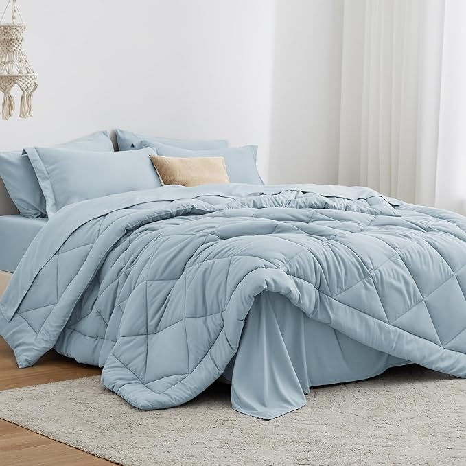 Love's cabin Queen Comforter Set Light Blue, 7 Pieces Queen Bed in a Bag by Lovescabin