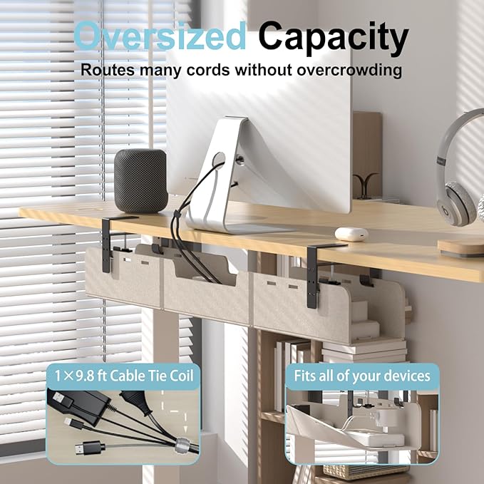 ERGO COLLECT Under Desk Cable Management Tray,No-Drill Upgraded Thickened Felt Cord Organizer with Clamp or Screw Mount,Cable Holder for Standing Desk,Home Or Office(Beige, 31.5")