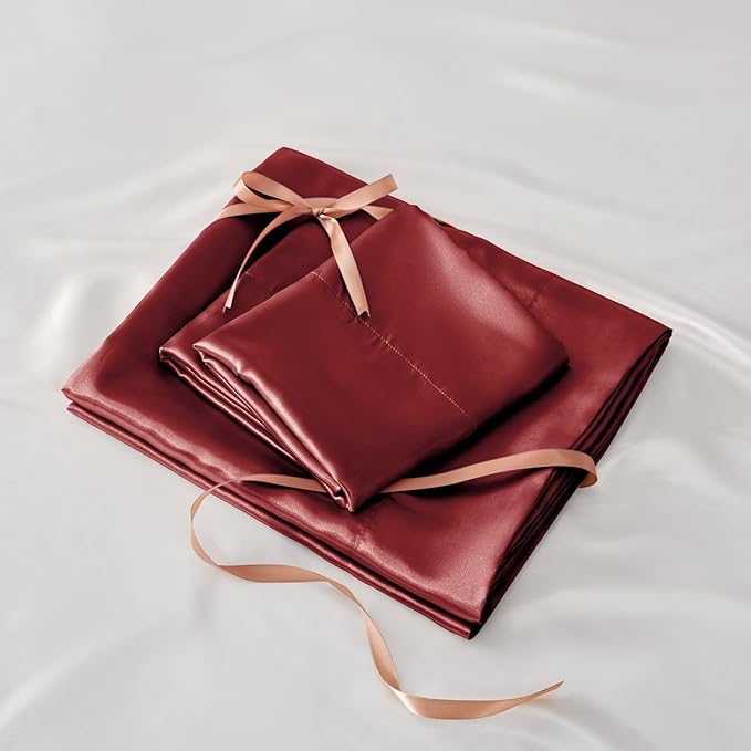 BEDELITE Satin Sheets Queen Size Bed Set, Luxury Soft Burgundy Silky Sheets - Image 7