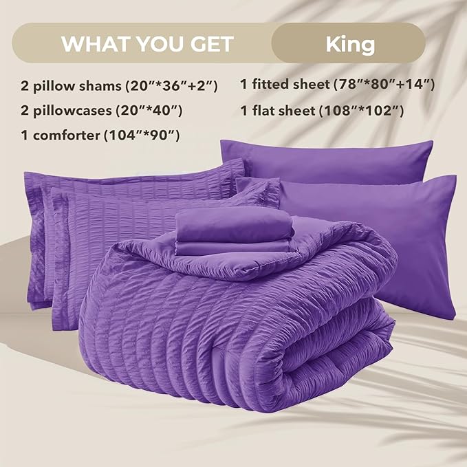 HYMOKEGE Bright Purple King Size Comforter Set Seersucker 7 Pieces, All Season - Image 5