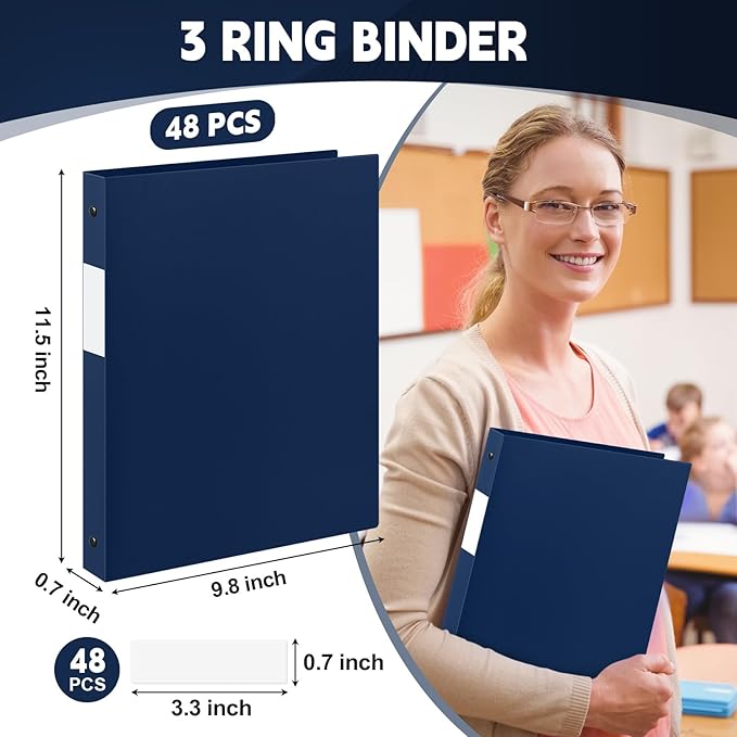 Henoyso 48 Pcs 3 Ring Binder 0.5 Inch Round Fits Letter Size 8.5'' x 11'' Paper Plastic Flexible Binder Bulk Holds 140 Sheets with 1 Pockets Versatile Organizer for Home Office School (Navy Blue)