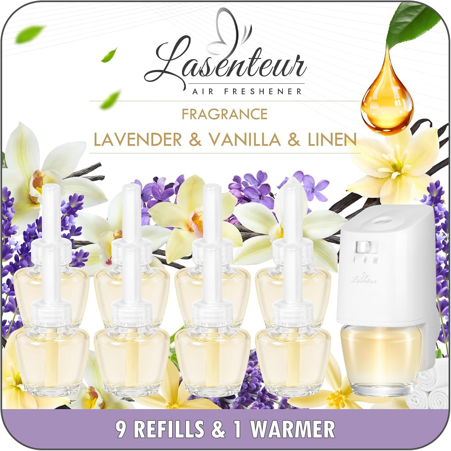 Plug-in Air Freshener Starter Kit, 1 Warmer and 9 Essential Oil Refills, Lavender, Vanilla, Linen Scent for Home, Bathroom and Office, Compatible with Air Wick and Glade Air Fresheners