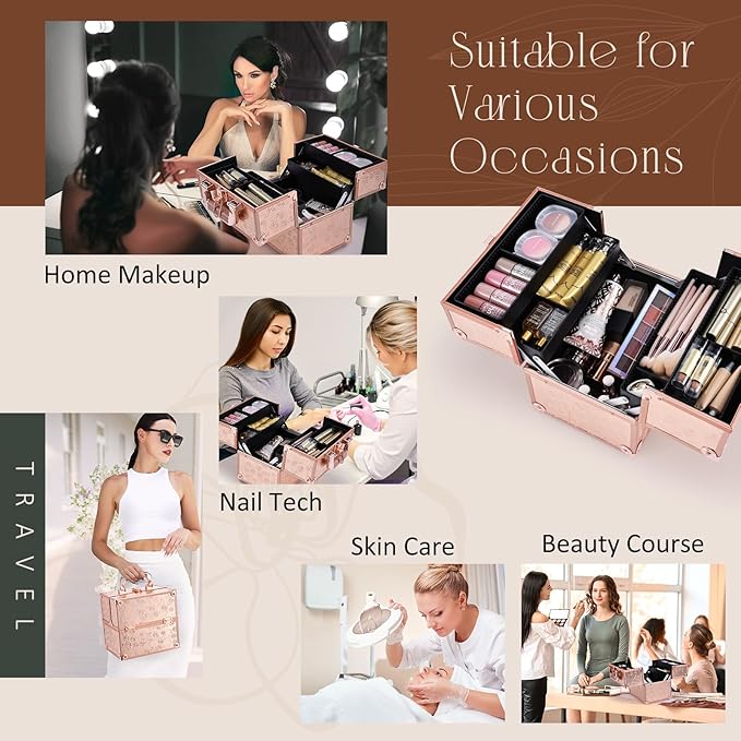 FRENESSA Makeup Train Case Cosmetic Box Portable Makeup Case Organizer 4 Trays - Image 4