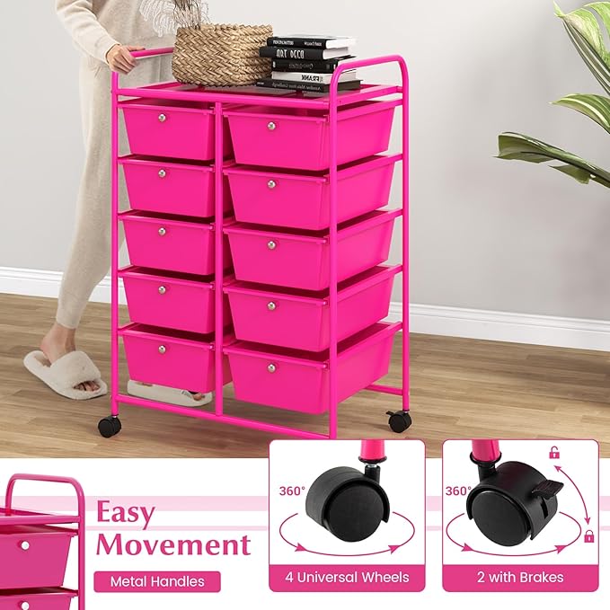 GOFLAME 10-Drawer Rolling Storage Cart, Art Craft Storage Organizer on Wheels, Multipurpose Movable Utility Cart for School, Office and Home, Hot Pink