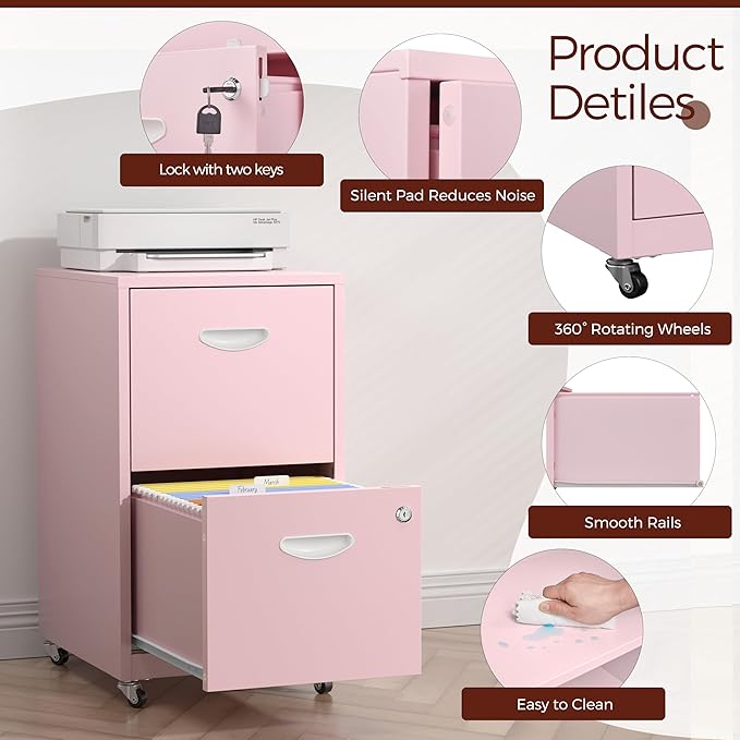 Kubohogar 2 Drawer Mobile File Cabinet with Lock, Pink Metal Filing Cabinets with Wheels, Vertical Rolling File Cabinet Fit Hanging Files, Letter and A4 Documents