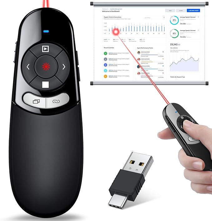 2 in 1 Type C USB Presentation Clicker Red Light, Wireless Presenter Remote PPT Clicker for Computer Presentations, Slide Advancer for Mac Laptop
