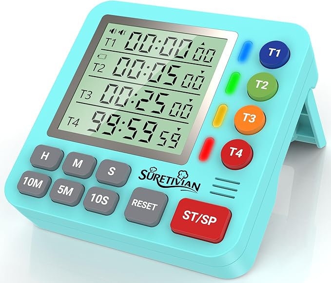 Digital Kitchen Timer for Cooking - 4 Channel Count Up Countdown Timer with Loud Alarm and Silent Mode, Large Display, Magnetic Back, Auto Memory for Classroom Study Gym, Battery Included (Mint Green)