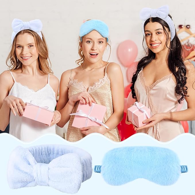 Jexine 24 Pcs Spa Slumber Party Headband Plush Sleep Eye Mask Bulk Bow Hair - Image 4
