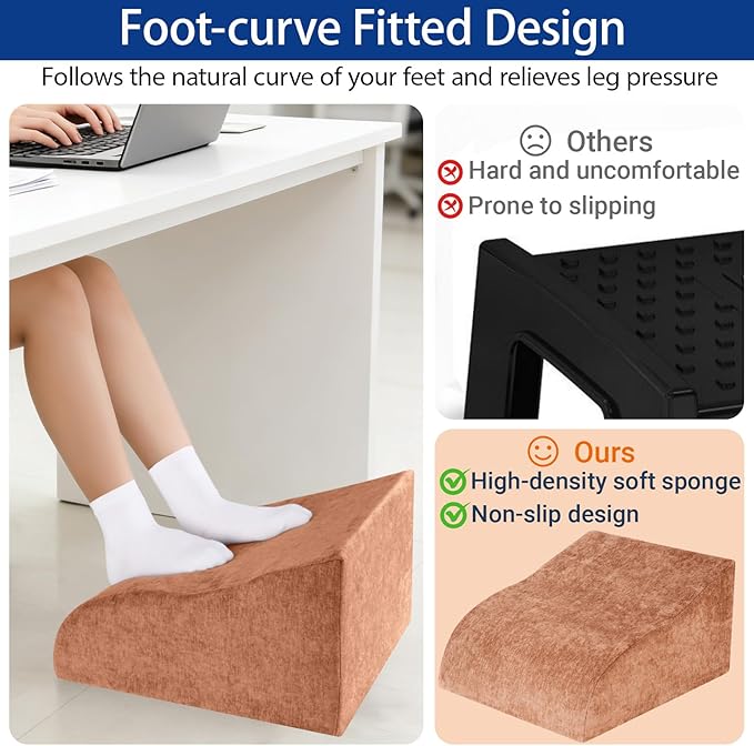 Opuvidity Foot Rest for Under Desk at Work, Ergonomic Under Desk Footrest with Washable Cover for Office, Home & Gaming Leg Elevation Pillow Brown