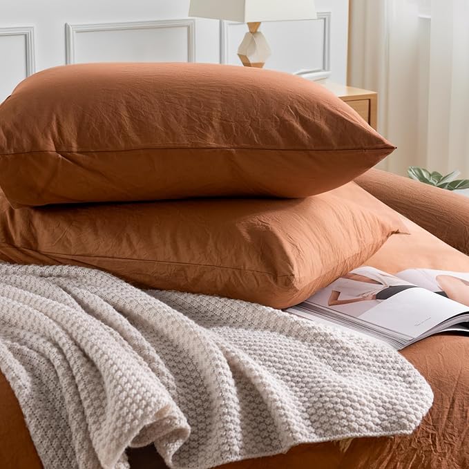 NEXHOME PRO Terracotta Burnt Orange Duvet Cover Set Kids Twin Size Linen Look - Image 5