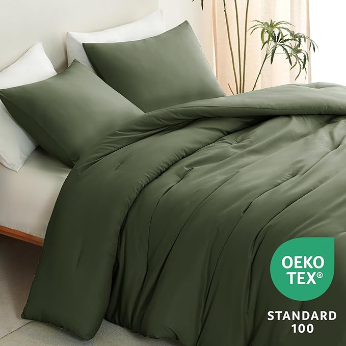 CozyLux King Size Comforter Set Olive Green, 3 Pieces Solid Comforters King - Image 4