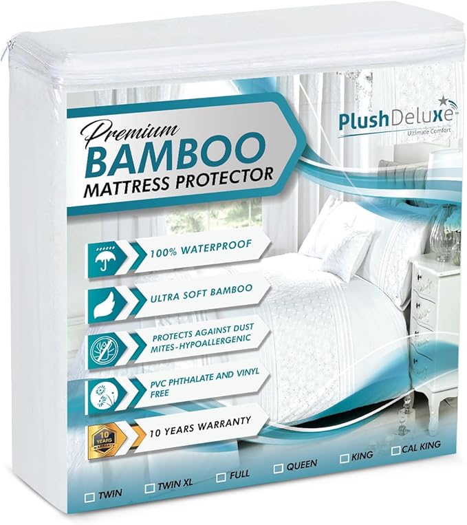 PlushDeluxe Premium Bamboo Mattress Protector – Queen Size, Waterproof by PlushDeluxe