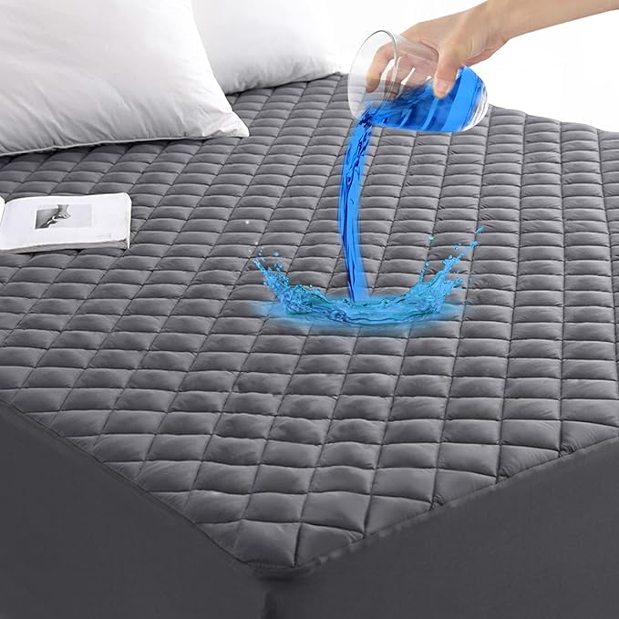 GRT Twin XL Size Grey Quilted Fitted Mattress Pad, 100% Waterproof Breathable by GRT