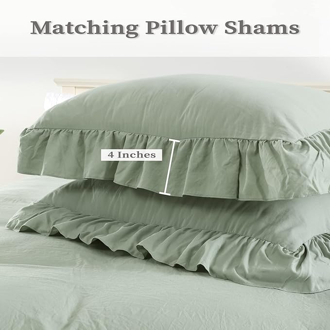 Sage Green Ruffled Duvet Cover Twin, Sage Green, 68x90 in - Image 3
