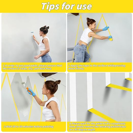 4 Rolls Yellow Painters Tape Bulk 4 inch x 60 Yards, Total 240 Yd, Painters Masking Tape No Residue Wall Painting Tape Artist Tape Trim Edge Finishing Tape for Wall Painting Decoration DIY Supplies