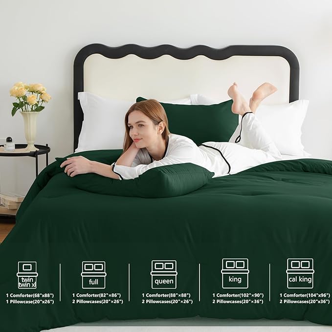 CozyLux Dark Emerald Green Queen Comforter Set, 3 Pieces Solid Breathable - Image 6