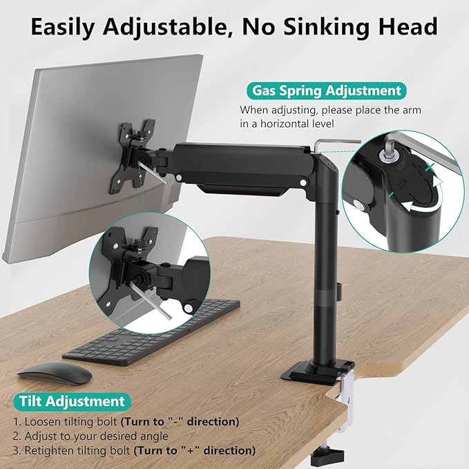 WALI Single Monitor Arm Desk Mount for 13-32 Inch Screens, Premium Gas Spring Monitor Stand with Full Motion Tilt, Swivel, Rotation, Holds up to 19.8 lbs, C-Clamp Mount for VESA 75/100mm (GSDM001S)