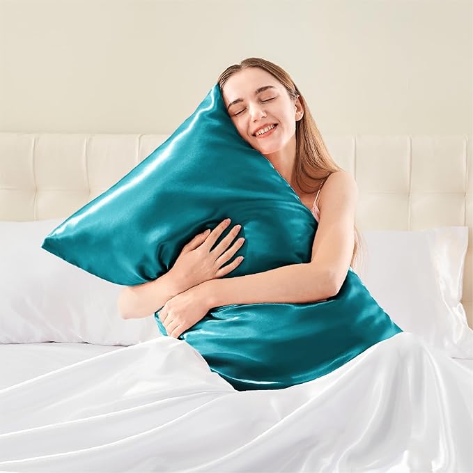 BEDELITE Satin Pillowcase with Zipper, Teal King Size Pillow Cases Set of 2 - Image 2