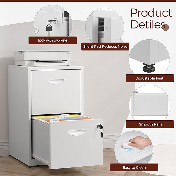 Kubohogar 2 Drawer File Cabinet with Lock,White Metal Filing Cabinets,Vertical Locking File Cabinet Fit Hanging Files, Letter,File Box and A4 Documents(White)