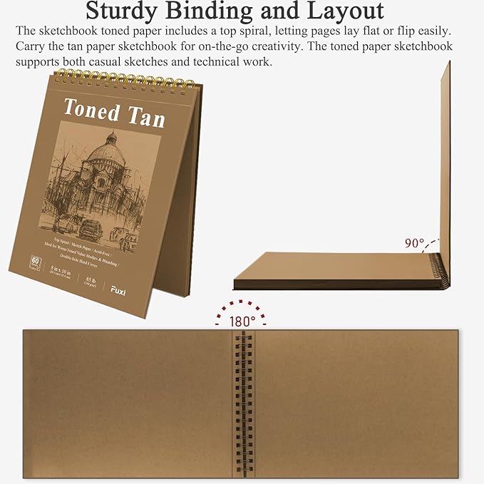 Fuxi Toned Sketchbook 8x10, 60 Sheets Spiral Bound Artist Sketch Pad - Perfect Art Gift for Artists, Students & Professionals.