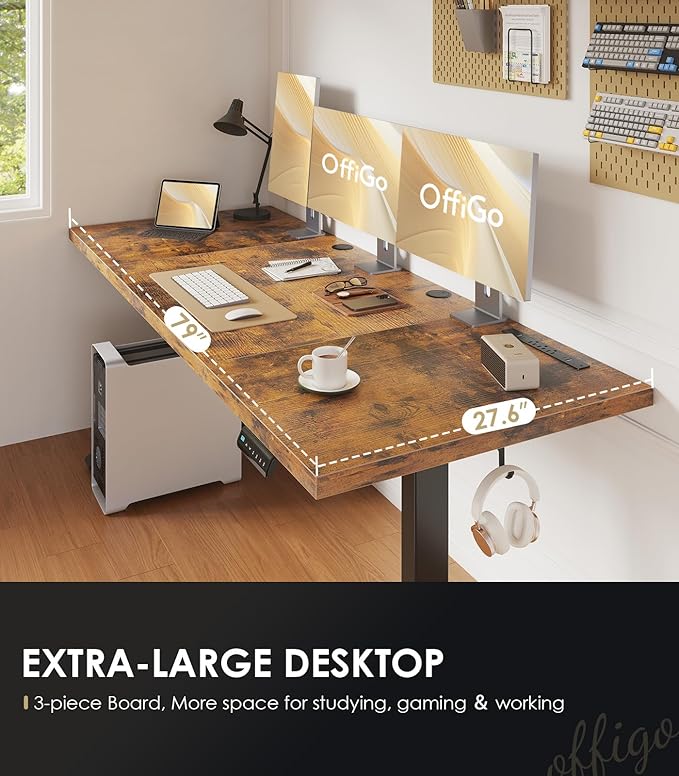 OffiGo 79 Inch Executive Electric Standing Desk, Height Adjustable Desk with Power Outlet & 1.38" Thick 3-Piece Desktop, Sit Stand Computer Desk for Home, Office, Conference Room, Rustic Brown