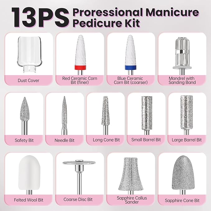 Electric Nail Drill, Cordless 2000 mAh Rechargeable Portable Nail File 12 in 1 - Image 5