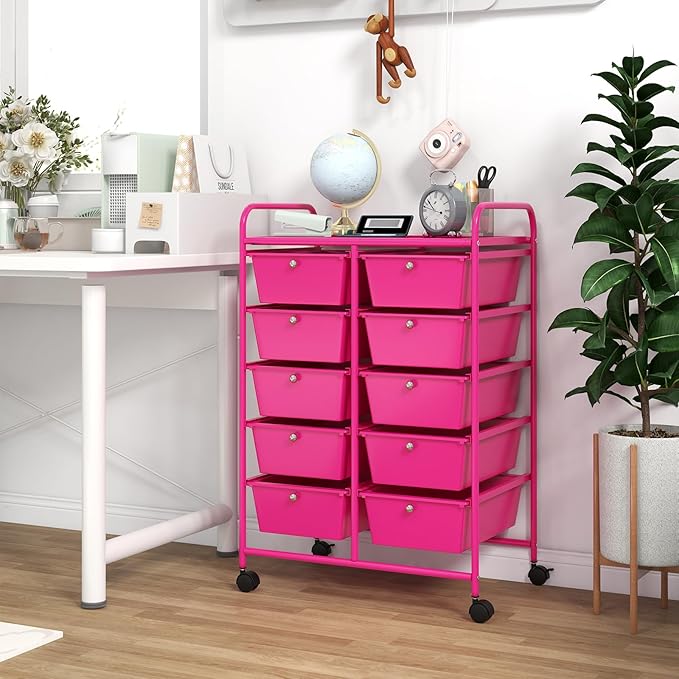 GOFLAME 10-Drawer Rolling Storage Cart, Art Craft Storage Organizer on Wheels, Multipurpose Movable Utility Cart for School, Office and Home, Hot Pink