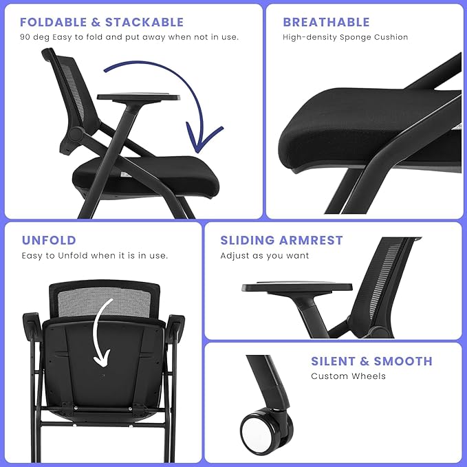 BROBRIYO, 4 Pack Stackable Conference Room Chairs with Wheels and Paddle, Ergonomic Mesh Back and Arms for Meeting, Conference, Reception, Training Room & Home Office Desk Folding Chairs (2 Boxes)
