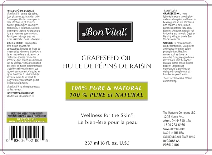 Bon Vital' Grapeseed Oil, 100% Pure Skin Toner and Massage Oil, - Image 2