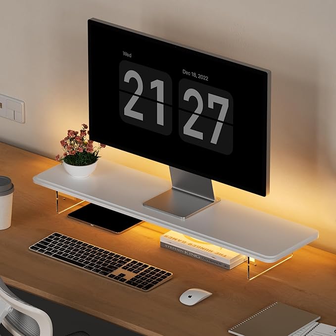 AFOOYO Monitor Stand Riser,31.5-Inch LED Light Wood Computer Monitor Stand with Adjustable Acrylic Legs,Desk Accessories Desktop Organizer Stand for, Computer,Laptop,Printer,PC TV Screen Riser,White