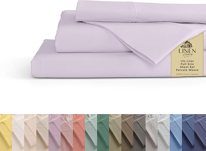 Linen Home 100% Cotton Percale Sheets Full Size, Iris Lilac, Deep Pocket by LINENHOME