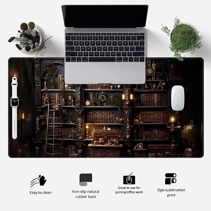 Black Vintage Gothic Desk Mat Black Dark Academia Desk Pad Medieval Bookshelf Large Flower Mouse Pad XXL Plant Mousepad Extended Laptop Computer Keyboard Mat Office Desk Decor 31.5x15.8 in