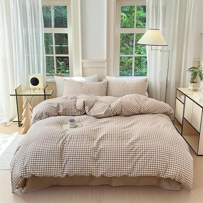 Nayoroom Brown Gingham Duvet Cover King Size Tan White Plaid Checkered Duvet by Nayoroom