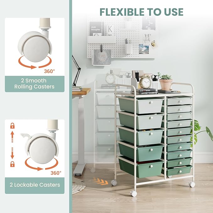 GOFLAME 15-Drawer Rolling Storage Cart, Craft Storage Cart with Removable Drawers & Lockable Wheels, Art Cart Supply Storage Organizer for Home Office Classroom, Green Gradient