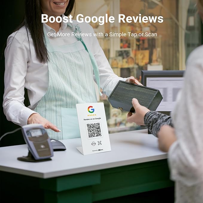 HotLabel Review Stand 3-Pack + Bonus Review Tap Card 3-Pack + For Boosting Business Reviews + White + NFC Tap & QR Code + Supports 2 Different Stores or Same + No App/No Subscription