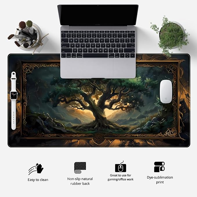 Mystical Green Tree Large Gaming Mouse Pad Forest Tree of Life Deskpad Mat XXL Extended Gaming Desk Large Mousepad Computer Laptop Keyboard and Mouse Mat, Office Desk Decor Pad 31.5x15.8 in