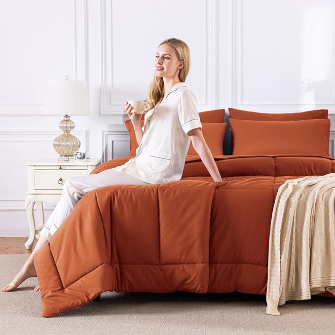 CozyLux King Size Comforter Set Terracotta, 7 Pieces Bed in a Bag, Burnt Orange - Image 7