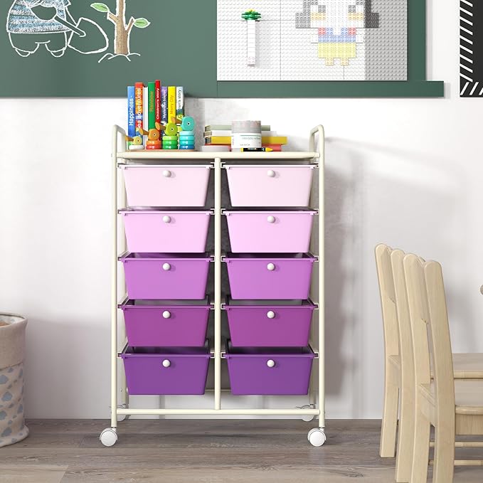 GOFLAME 10-Drawer Rolling Storage Cart, Art Craft Storage Organizer on Wheels, Multipurpose Movable Utility Cart for School, Office and Home, Purple Gradient