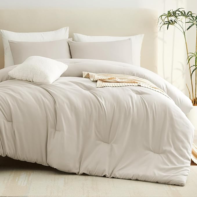 CozyLux King Size Comforter Set Oatmeal, 3 Pieces Solid Comforters King Size - Image 9
