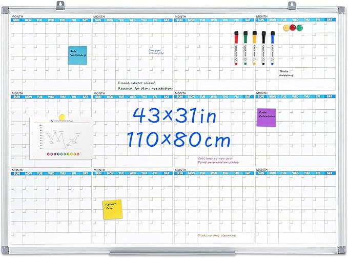 MAKELLO Large Magnetic Dry Erase Calendar Whiteboard Yearly 43" x 31" for Home, Bedroom, Office, Classroom, 12 Months