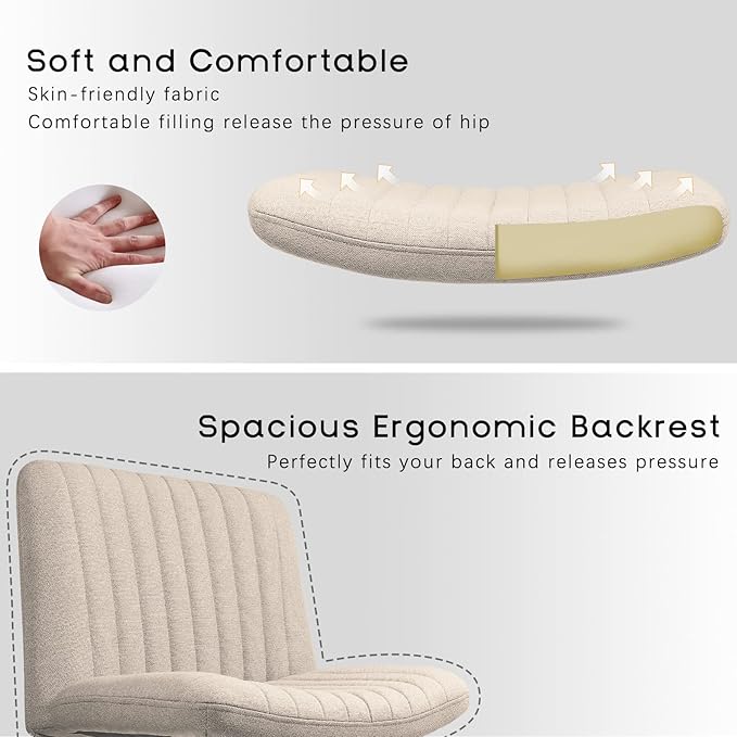 PUKAMI Criss Cross Chair,Comfy Cross Legged Office Desk Chair No Wheels,Modern Fabric Swivel Adjustable Height Mid Back Wide Seat for Home Office Computer Makeup Vanity Task(Beige)