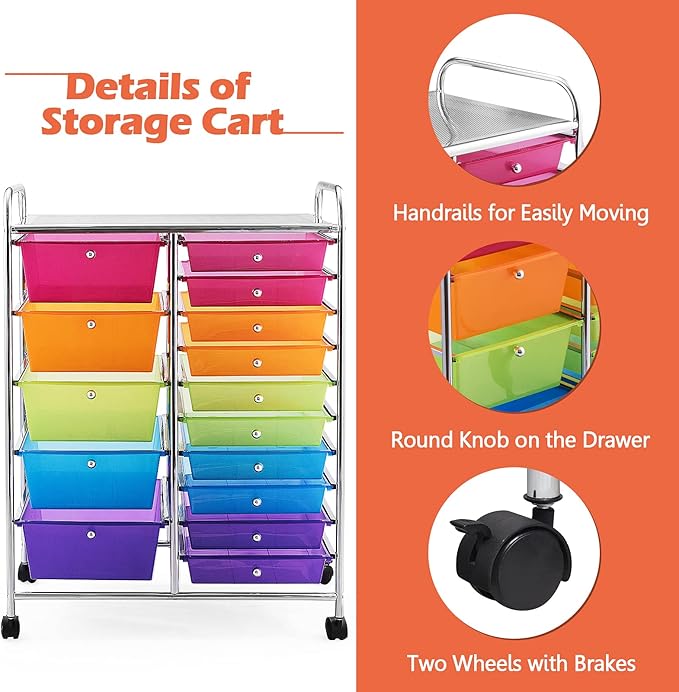 GOFLAME 15-Drawer Rolling Storage Cart, Craft Storage Cart with Removable Drawers & Lockable Wheels, Art Cart Supply Storage Organizer for Home Office Classroom, Rainbow