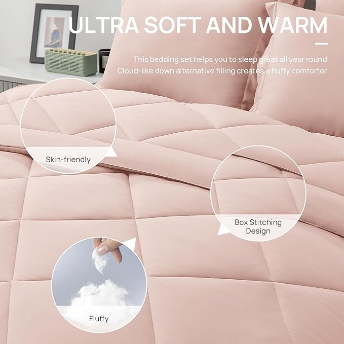Love's cabin Queen Comforter Set Pink, 7 Pieces Queen Bed in a Bag, All Season - Image 5