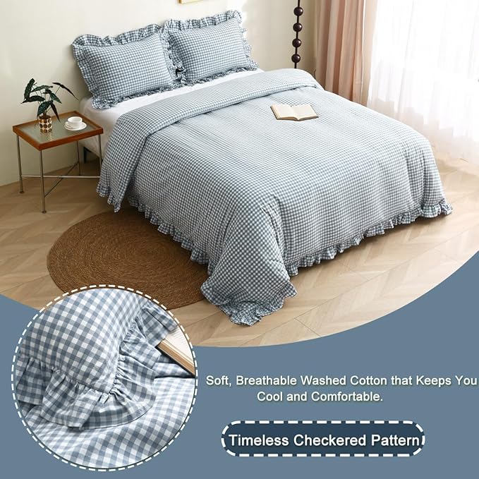 Silnuo Light Blue/White Plaid Ruffle Duvet Cover Queen Size, 100% Washed Cotton - Image 2