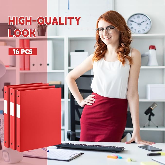 Henoyso 16 Pcs 3 Ring Binder 0.5 Inch Round Fits Letter Size 8.5'' x 11'' Paper Plastic Flexible Binder Bulk Holds 140 Sheets with 1 Pockets Versatile Organizer for Home Office School (Red)