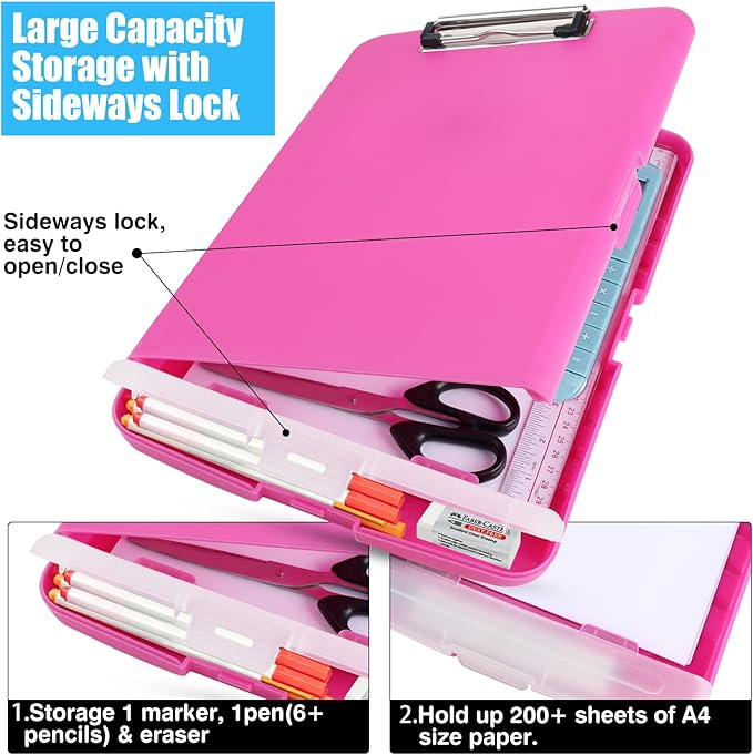 Plastic Clipboard with Storage,A4 Nursing Clipboard Folder with Pen Holder,Cute Clip Boards 8.5x11 Heavy Duty,Side Opening for Office,SchoolHome Work,Hot Pink