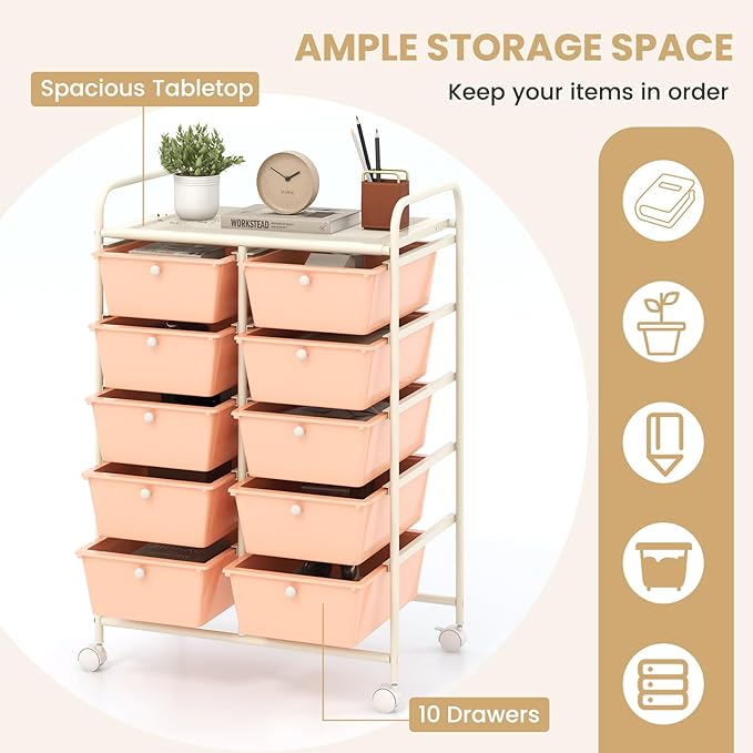 GOFLAME 10-Drawer Rolling Storage Cart, Art Craft Storage Organizer on Wheels, Multipurpose Movable Utility Cart for School, Office and Home, Peach Fuzz