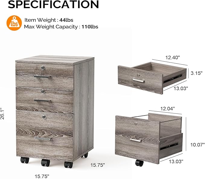 VINGLI 3-Drawer File Cabinet with Lock, Wood Rolling Filing Cabinets for Home Office, Mobile Printer Stand, Under Desk File Organizer for Letter Sized Files, 26" H(Caster Included),Gray Oak
