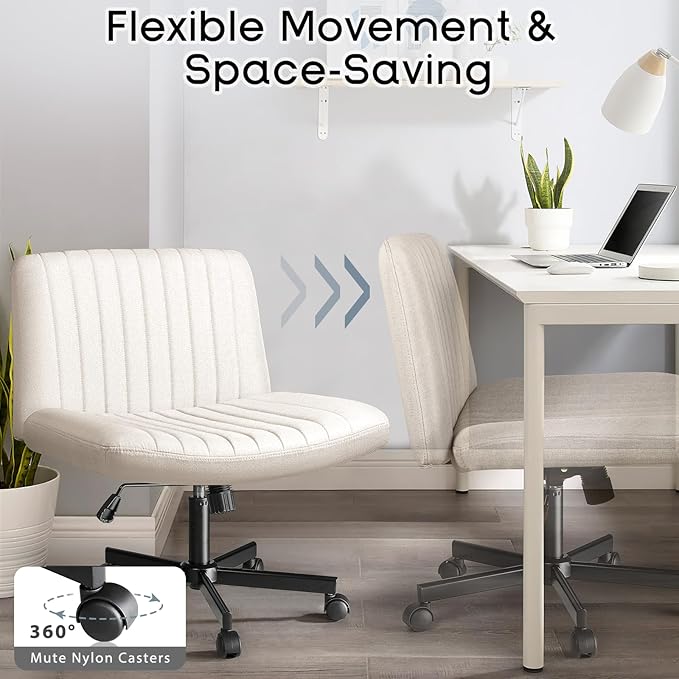PUKAMI Criss Cross Chair with Wheels,Fabric Padded Armless Cross Legged Office Desk Chair for Home Office,Modern Swivel Height Adjustable Wide Seat(Beige)