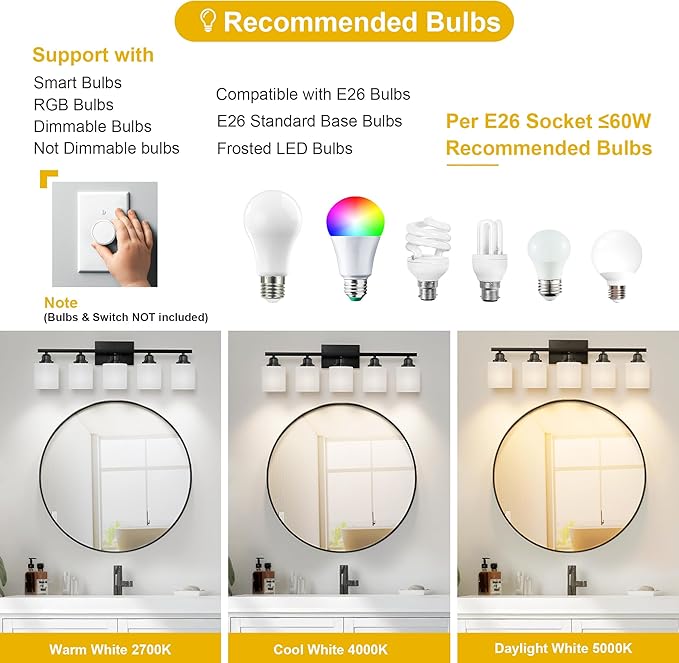 Sailstar 5-Light Bathroom Light Fixtures Over Mirror, Matte Black Vanity Lights - Image 5